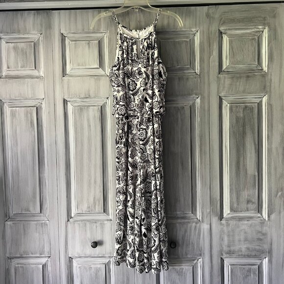 London Times Women’s Jumpsuit Keyhole Halter Black & White Floral Wide Leg Sz 6 - Picture 2 of 13